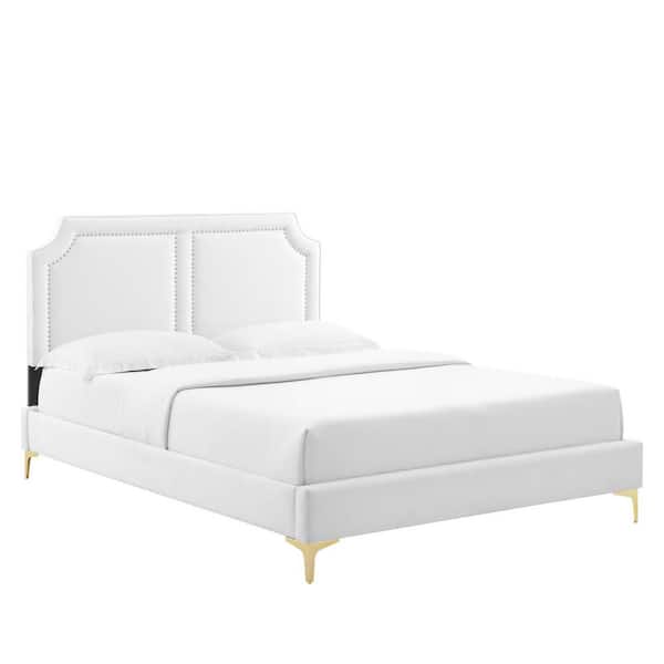 MODWAY Novi White Performance Velvet Frame Queen Platform Bed with Reinforced Center Beam