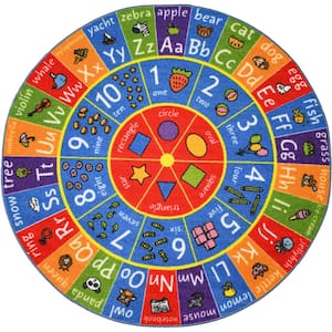 Multi-Color Boy Girl Kids Nursery Playroom Educational Learning ABC Alphabet, Numbers and Shapes 3' x 3' Round Area Rug