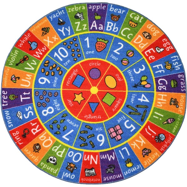 KC CUBS Multi-Color Boy Girl Kids Nursery Playroom Educational Learning ABC Alphabet, Numbers and Shapes 3' x 3' Round Area Rug