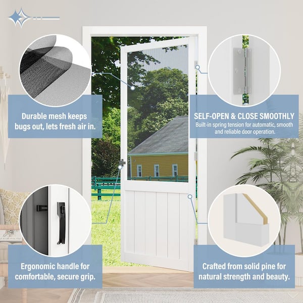 36 in. x 80 in. Universal Primed White Pine Screen Door with Lock, Self-Closing Hinges, Rustic Panel Style