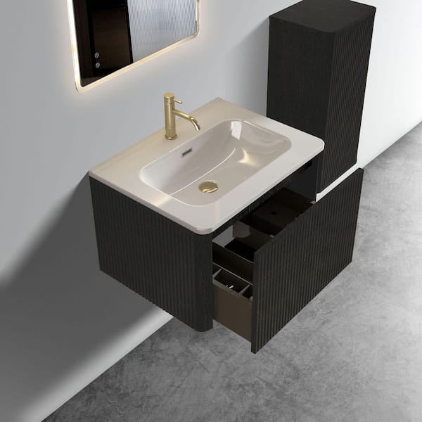 24 in. Striped Black Wall Mounted Floating Bathroom Vanity with White Ceramic Sink