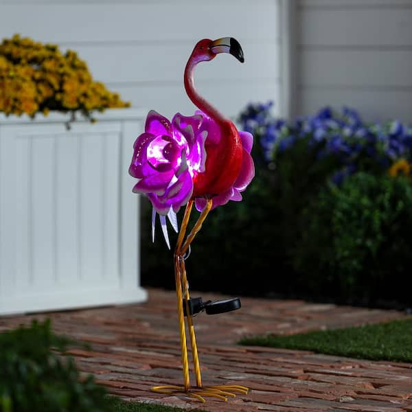 28 in H Pink Metal Solar Flamingo with Flower Body Garden Decorative Stake