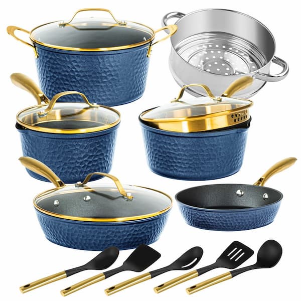 Charleston Collection 15-Piece Aluminum Hammered Ceramic Coating Nonstick Cookware Set with Utensils in Navy