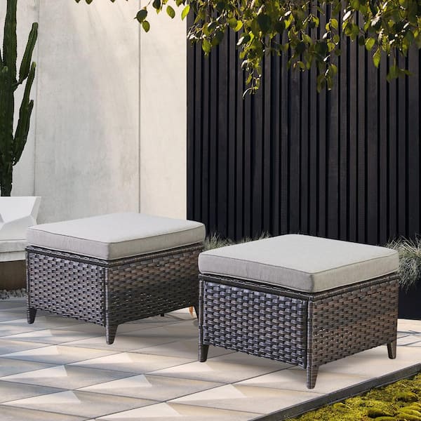 Brown Wicker Outdoor Ottoman, All-Weather Patio Ottomans (Set of 2) PE Wicker Steel Frame with Gray Cushions (2-Pack)