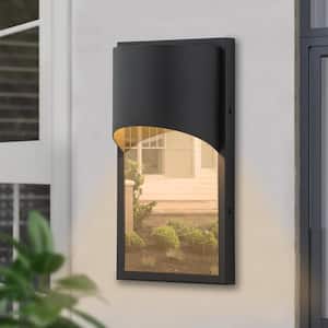 11.5 in. Modern Matte Black Integrated LED Outdoor Hardwired Wall Light with Gold Stainless Steel Plate Accent