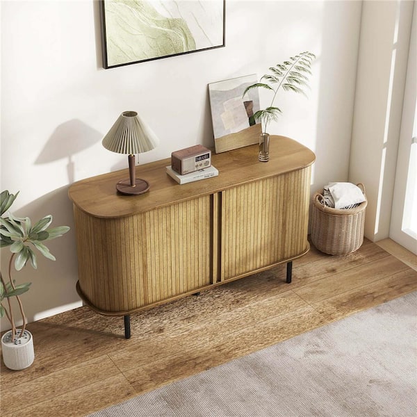 60 Inch Sideboard 47-Inch Modern Fluted Sideboard Buffet Cabinet With 2 Sliding Doors & 3 Drawers - Walnut Storage Credenza For Living Room, Kitchen Wood Console Table