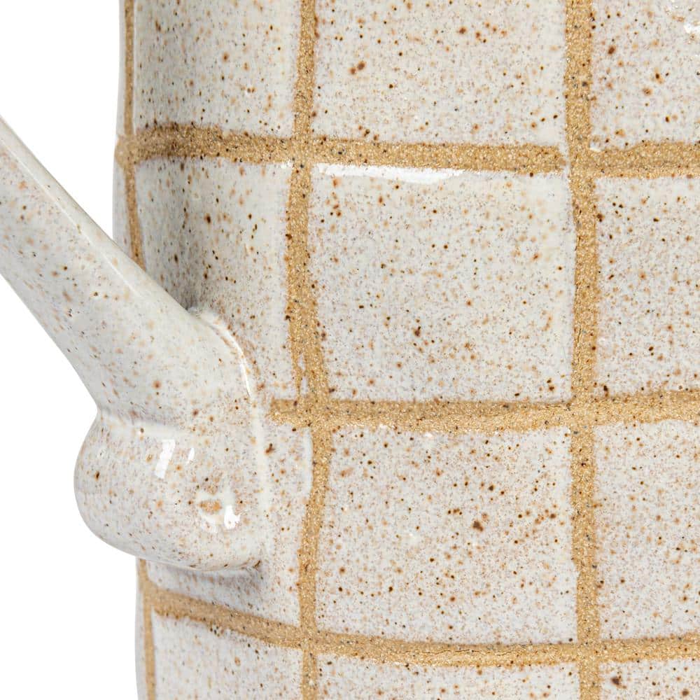 Cream and Brown Stoneware Pitcher with Wax Relief Grid Pattern