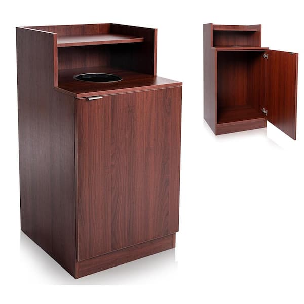 Alpine Industries 32 Gal. Mahogany Wooden Food Service Tray Top Industrial Waste Bin Drop Hole Indoor Trash Can Enclosure