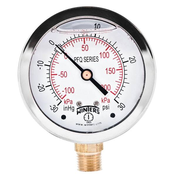 Winters Instruments PFQ Series 2.5 in. Stainless Steel Liquid Filled Case Pressure Gauge with 1/4 in. NPT LM and Range of 30 in. Hg 0-30 psi