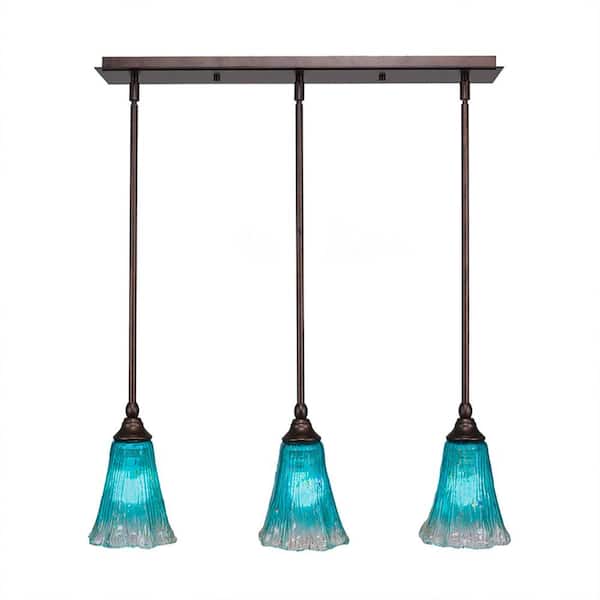 Unbranded Livingston 100-Watt 3 Light Bronze, Linear Pendant Light with 5.5 in. Teal Crystal Glass Shades No Bulbs Included