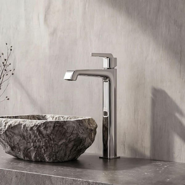 Single Handle Vessel Sink Single Hole Bathroom Sink Faucet, Pop Up Drain and Supply Lines Tall Square Brass in Chrome