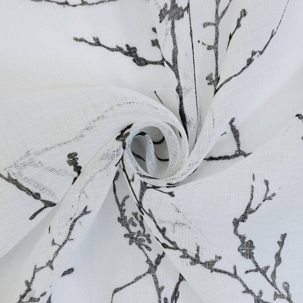 White Polyester Light Filtering Grommet Curtain Panel with Branch Motif