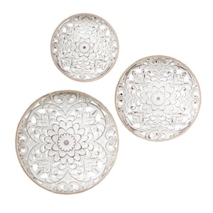 3-Piece Round Natural Wood Wall Decor, Carved Floral Medallion Design, Wall Art