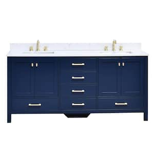 Enliven 72 in. Double Sink Freestanding Navy Blue Bath Vanity with White Engineered Stone Top