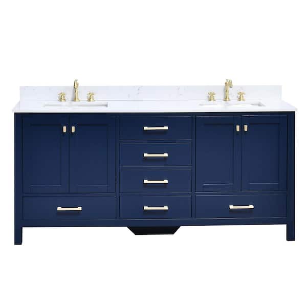 Enliven 72 in. Double Sink Freestanding Navy Blue Bath Vanity with White Engineered Stone Top