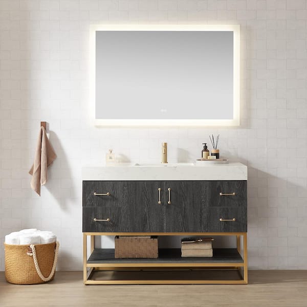 ROSWELL Alistair 48 in. W x 22 in. D x 33.9 in. H Single Sink Bath Vanity in North Black Oak w/ White Grain Stone Composite Top