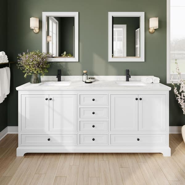 Wyndham Collection Deborah 80 in. W x 22 in. D x 35 in. H Double Bath Vanity in White with Carrara Cultured Marble Top and Med Cab Mirrors