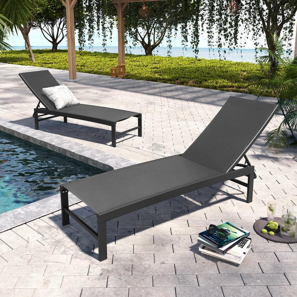 Black Adjustable Aluminum Outdoor Chaise Lounge Set with Wheels
