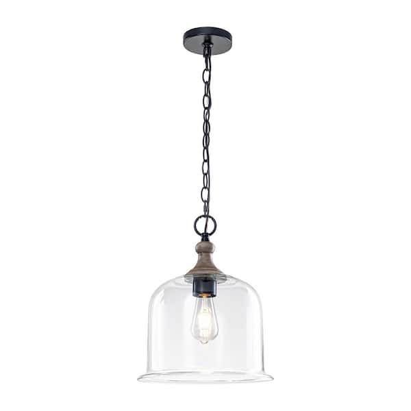12 in. Modern Farmhouse Clear Glass Pendant Light, 1-Light Black Hanging Fixture with Wood Accent for Kitchen Island