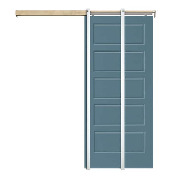 CALHOME Dignity Blue 30 in. x 80 in. Painted Composite MDF 5PANEL Interior Sliding Door with Pocket Door Frame and Hardware Kit