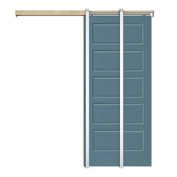 CALHOME Dignity Blue 36 in. x 80 in.  Painted Composite MDF 5PANEL Interior Sliding Door with Pocket Door Frame and Hardware Kit