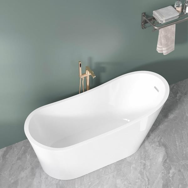 67 x 30 in. Acrylic Freestanding Soaking Oval Shape Single Slipper Bathtub in White w/ Chrome Overflow and Pop Up Drain