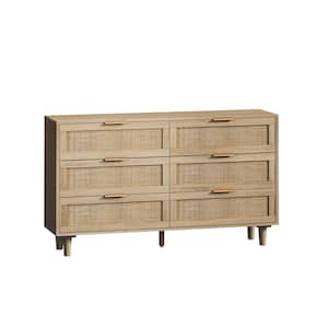 15.75 in. W x 51.18 in. D x 29.53 in. H Natural Beige Linen Cabinet with 6-Drawers Rattan Storage