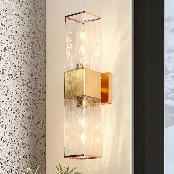 Uolfin Mid-Century Modern Bathroom Vanity Light 2-Light Antique Gold Wall Light with Cracked-Feeling Glass Shades