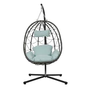 1-Person Gray Wicker Double Swing Egg Chair with Black Stand and Blue Cushions, Adjustable Height, Attached Ties