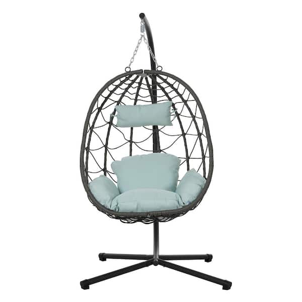 grossag 1-Person Gray Wicker Double Swing Egg Chair with Black Stand and Blue Cushions, Adjustable Height, Attached Ties