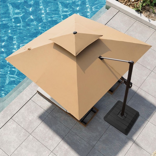 Pellebant 11 ft. Square Aluminum Outdoor Umbrella Cantilever-Offset Adjustable Tilt Patio Umbrella in Tan with Weights Base
