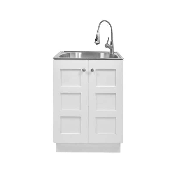 24 in. W x 21 in. D x 34 in. L Stainless Steel Laundry Sink with Faucet and Double Doors Cabinet in White