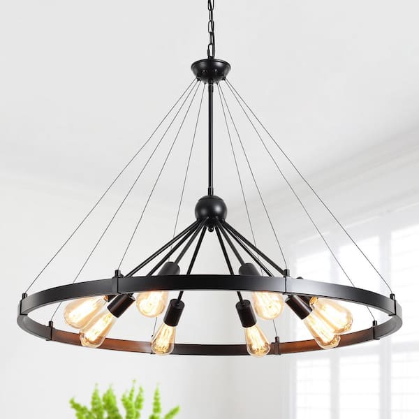 LWYTJO 8-Light Farmhouse Black Wagon Wheel Chandelier with Adjustable Chain for Study Dining Room Kitchen