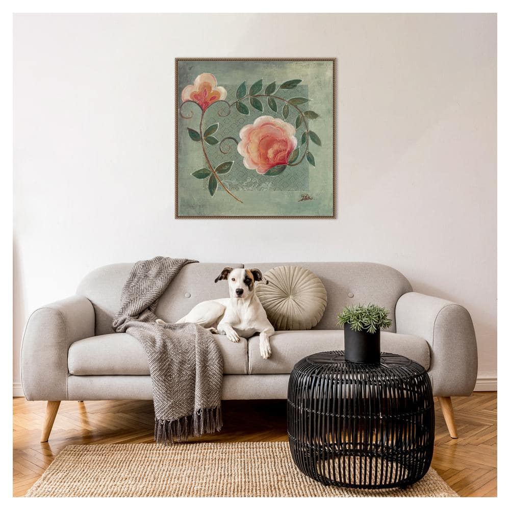 Green and Pink Beaded Framed Floral Canvas Wall Art