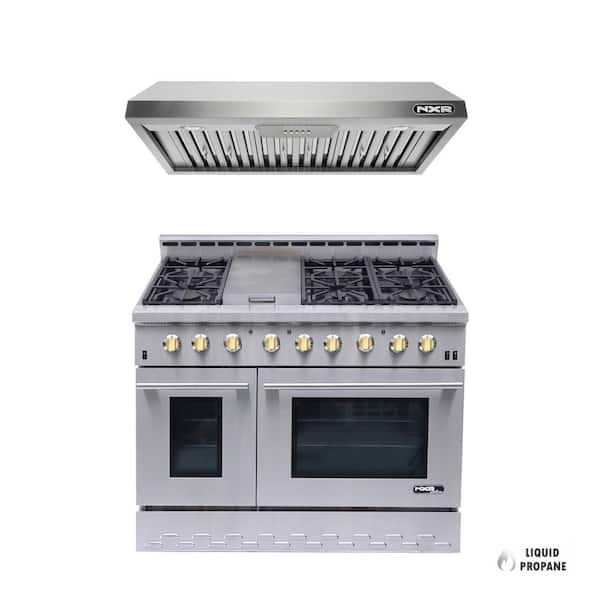 NXR Entree Bundle 48 in. 7.2 cu.ft. Pro-Style Liquid Propane Gas Range Convection Oven and Hood in Stainless Steel and Gold