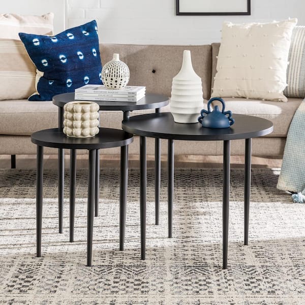 Walker Edison Furniture Company Minimalist 3 Piece Nesting 22 in. Black Round MDF Coffee Table with Metal Legs