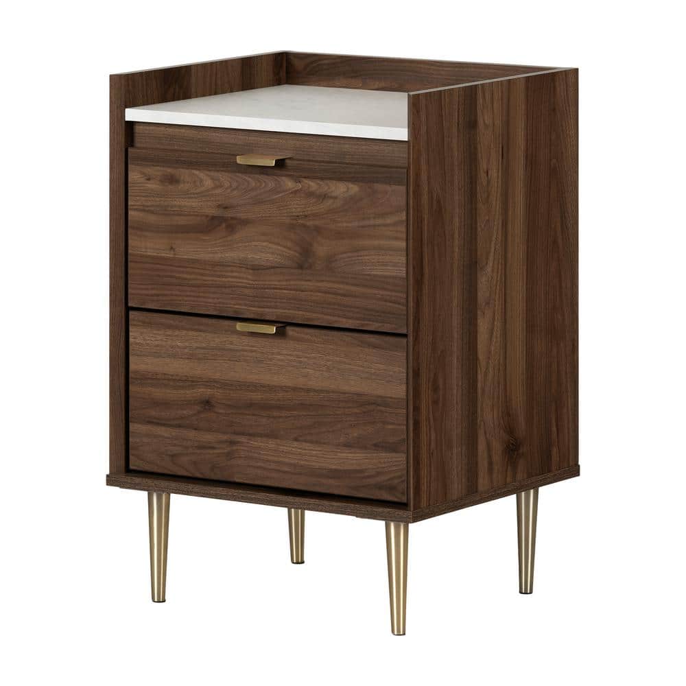 Natural Walnut and White Stone 2-Drawer End Table with Brass Legs