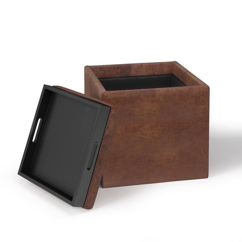 Rockwood Distressed Saddle Brown Vegan Leather Cube Ottoman