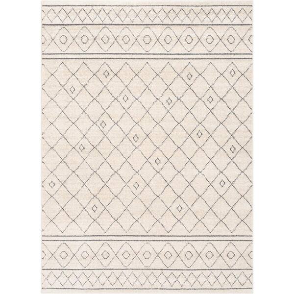 Well Woven Malaga Mara Ivory 3 ft. 11 in. x 5 ft. 3 in. Moroccan Lattice Trellis High-Low Area Rug