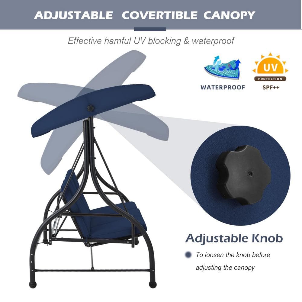 Blue Cushioned Steel Frame 3-Person Porch Swing with Adjustable Canopy
