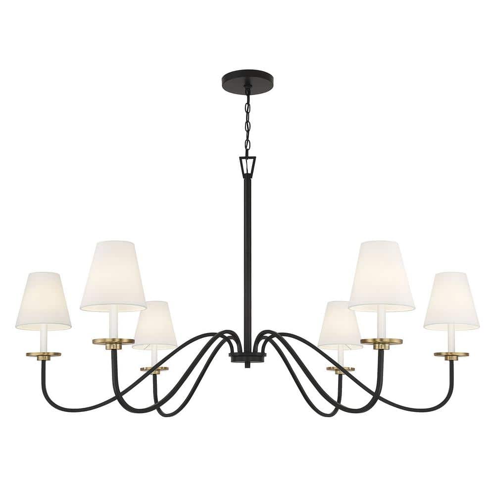 Black and Brass 6-Light Chandelier with White Shades