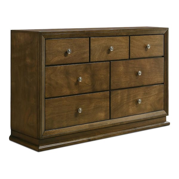 Joune Walnut 7-Drawer 59 in. Dresser with Metal Center Glide and Zinc Iron Bronze Metal Knob