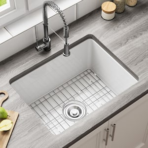 Undermount Fireclay 24 in. Single Bowl Kitchen Sink with Bottom Grid and Strainer in White