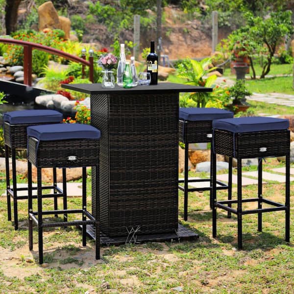 5-Piece Wicker Outdoor Serving Bar Set Patio Rattan Bar Table Stool Set with Navy Cushions and Hidden Storage Shelf