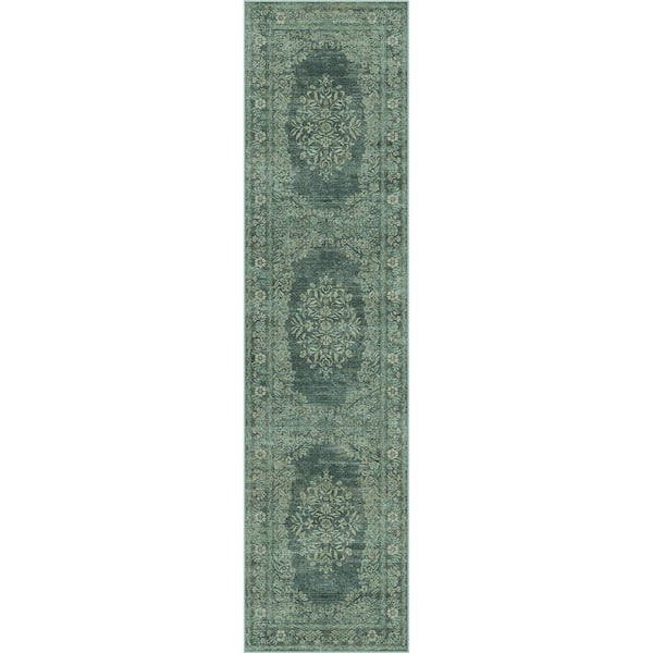 HaiiMeid Kamuri Green 2 ft. x 8 ft. Vintage Washable Medallion Distressed Runner Rug