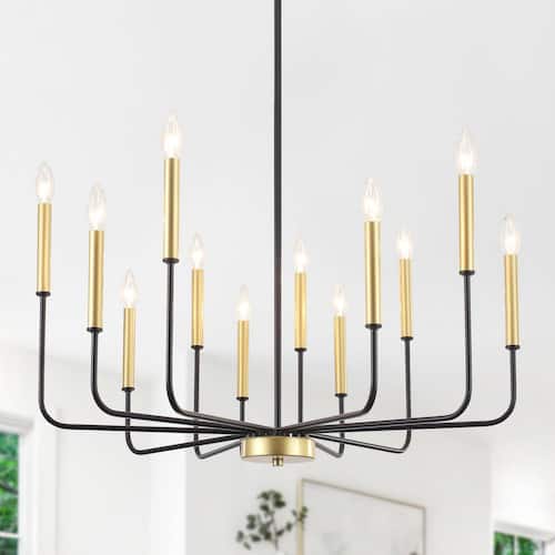 12-Light Black and Gold Modern Height Adjustable Candlestick Chandelier for Kitchen Island with No Bulbs Included Home