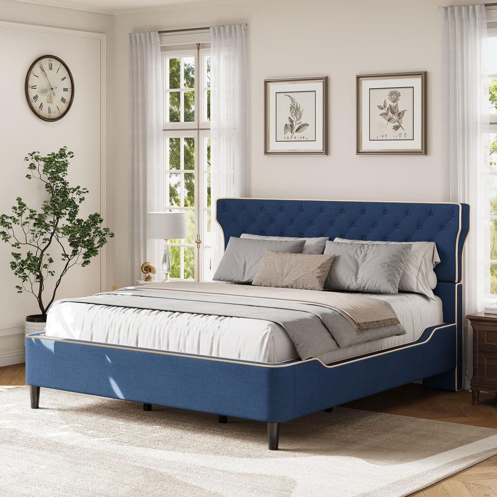 Louise Blue Wood Plus Metal Frame King Size Upholstered Platform Bed with Curved Back Headboard, Button Tufted Design price history on PriceWatchPro