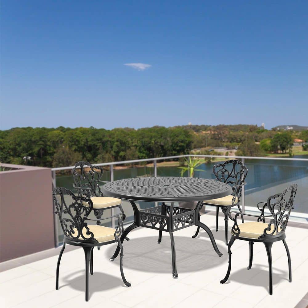 Black 5-Piece Cast Aluminum Outdoor Dining Set with Off-White Cushions, All-Weather Powder Coated Patio Furniture price history on PriceWatchPro