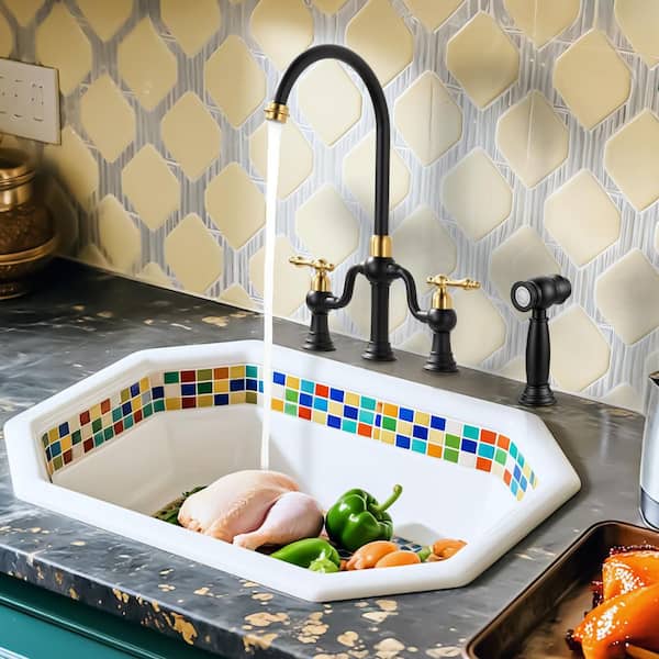 8 in. Centerset 4 Hole Double Handle Brass Bridge Kitchen Faucet with Side Sprayer in Black and Gold