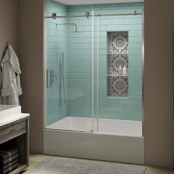 Aston Coraline XL 56 - 60 in. x 70 in. Frameless Sliding Tub Door with StarCast Clear Glass in Polished Chrome, Left Opening